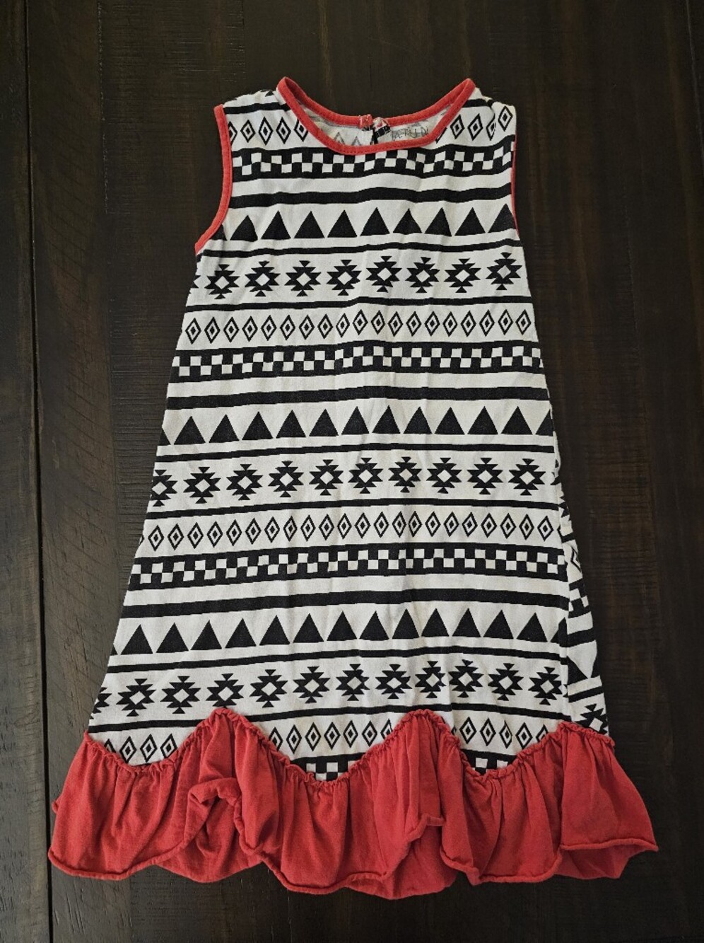 Girls' Black & White Aztec Print Casual Dress with Red Trim